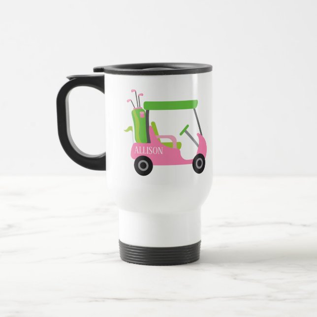 Pink & Green Golf Personalized Commuter Mug (Left)