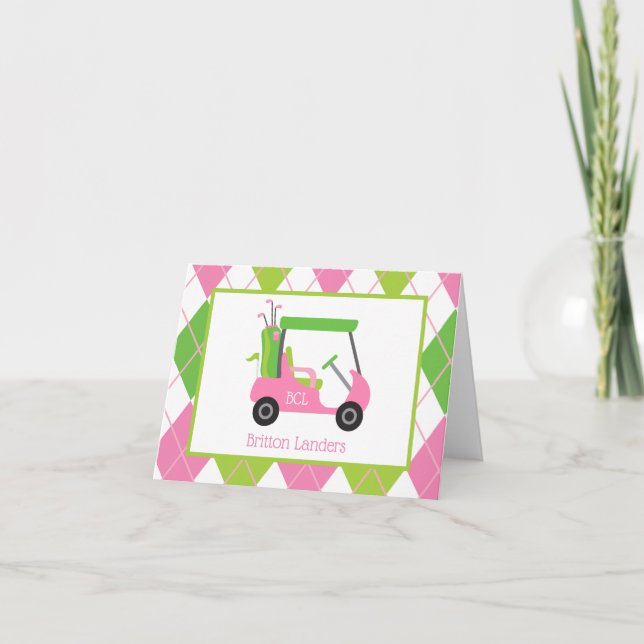 Pink & Green Golf Personalized Folded Note Cards (Front)