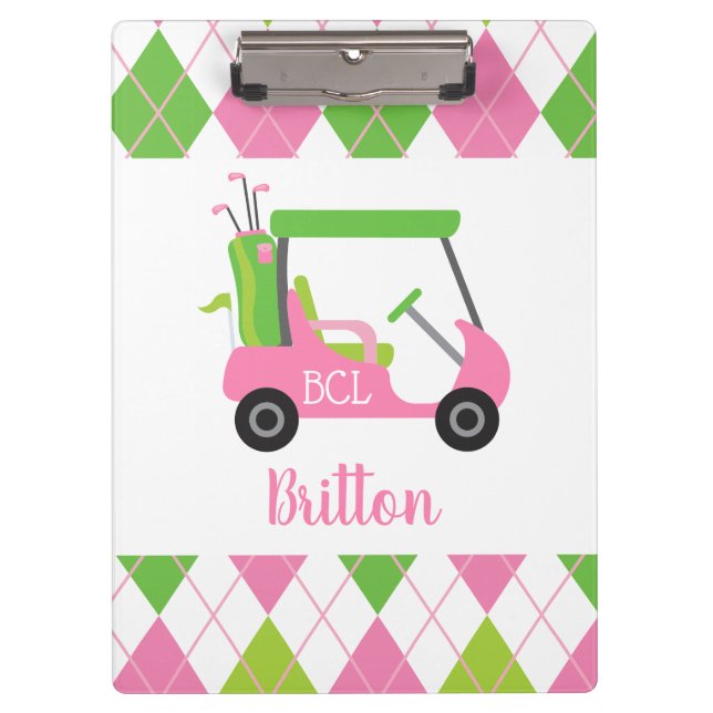 Pink & Green Golf Personalized Monogram Clipboard (Front)