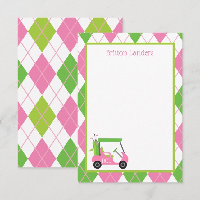Pink & Green Golf Personalized Note Cards (Front/Back)