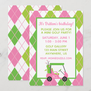 Pink & Green Golf Personalized Party Invitations