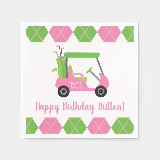 Pink & Green Golf Personalized Party Napkins (Front)