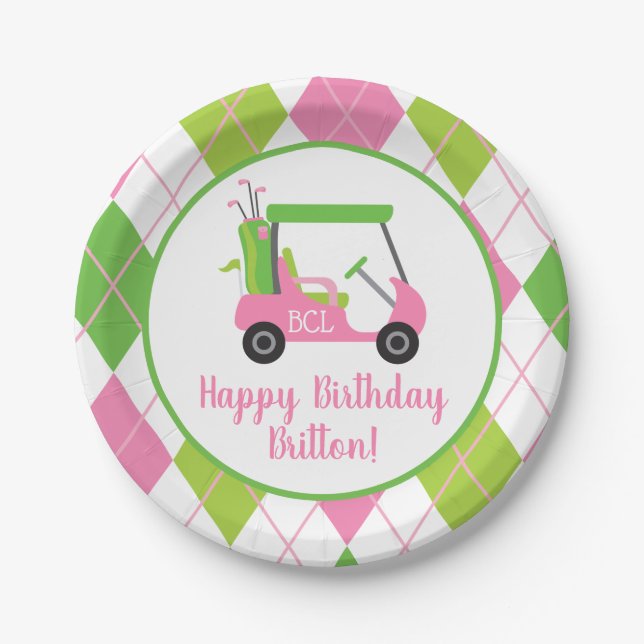 Pink & Green Golf Personalized Party Plates (Front)