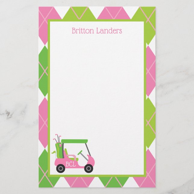 Pink & Green Golf Personalized Stationery (Front)