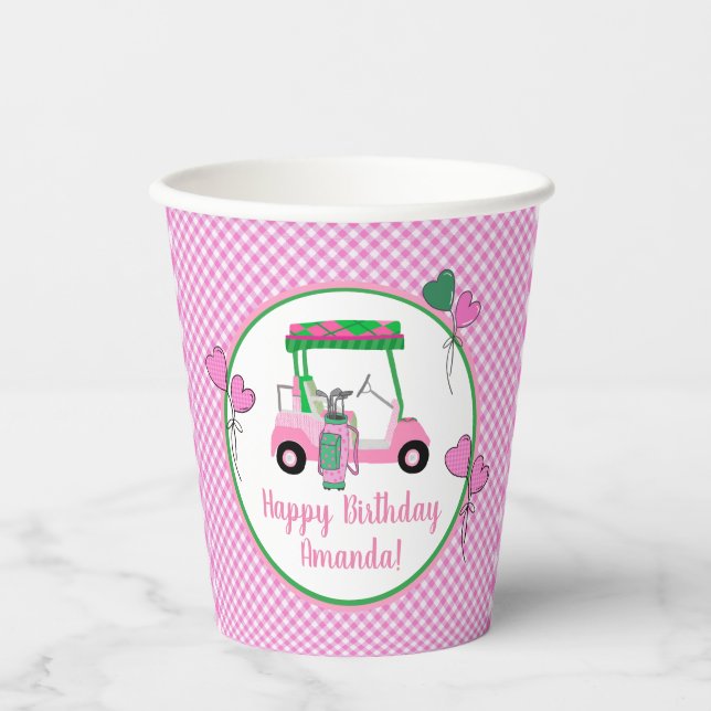 Pink & Green Golf Theme Personalized Party  Paper Cups (Front)