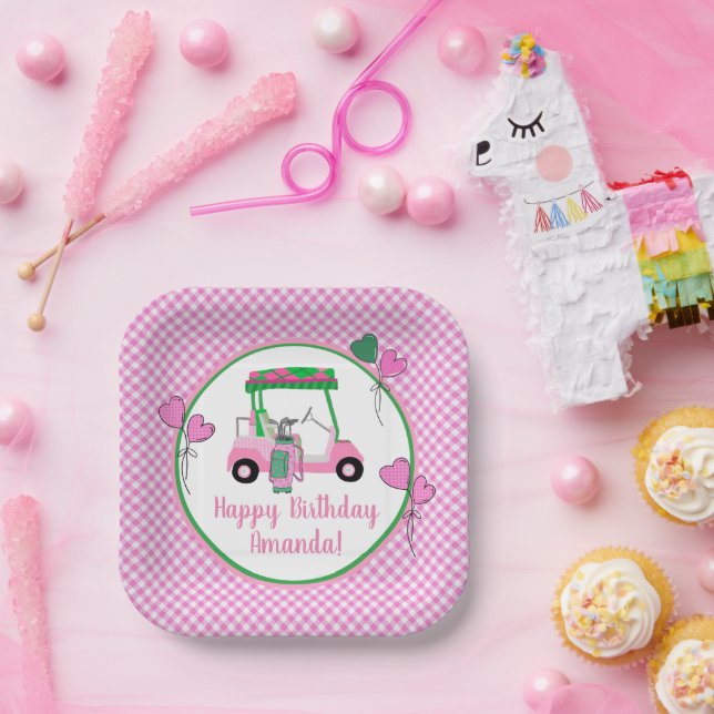 Pink & Green Golf Theme Personalized Party  Paper Plate (Party)