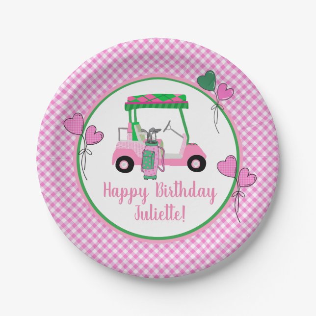 Pink & Green Golf Theme Personalized Party  Paper Plate (Front)