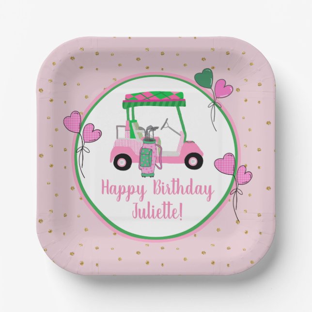 Pink & Green Golf Theme Personalized Party  Paper Plate (Front)