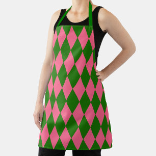 Pink Green Harlequin Checkered Design Apron