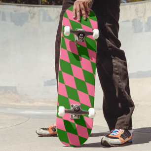 Pink Green Harlequin Checkered Design Skateboard