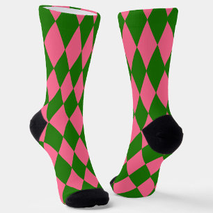 Pink Green Harlequin Checkered Design  Socks