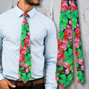 Pink Green Hawaiian Plumeria Big Flowers Tie