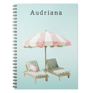 Pink Green Heart Beach Lounging Chairs Umbrella Notebook