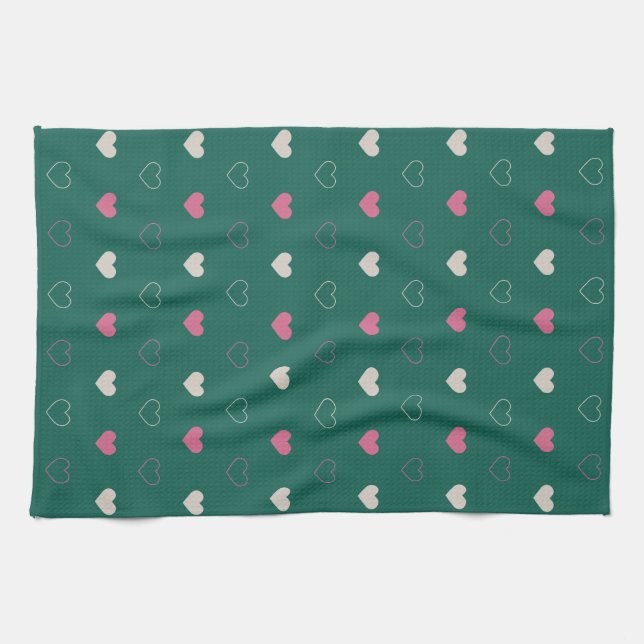 Pink & Green Heart Seamless Pattern Cute Minimal Kitchen Towel (Horizontal)