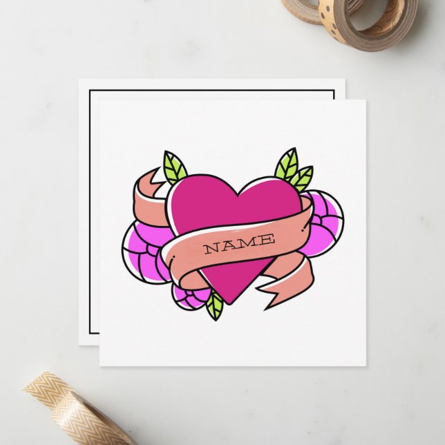 Pink Green Heart Tattoo Add Custom Name Black Card (Front/Back In Situ)