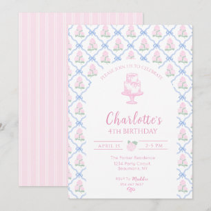 Pink Green Hydrangea Blue Bow Trellis Invitation