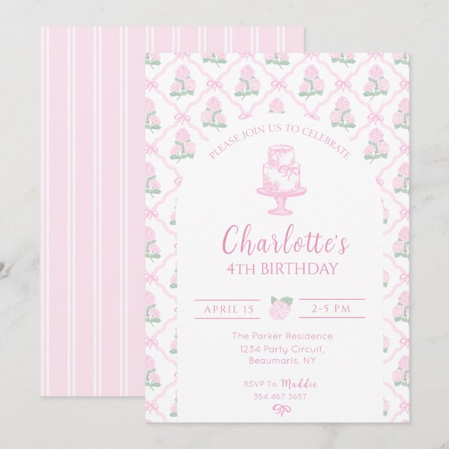 Pink & Green Hydrangea Trellis with Bows Invitation (Front/Back)