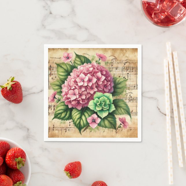 Pink & Green Hydrangea Vintage Music Découpage Napkin (Insitu)