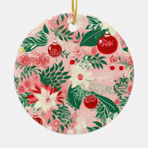 Pink Green Joy Love Peace Floral Christmas Ceramic Ornament