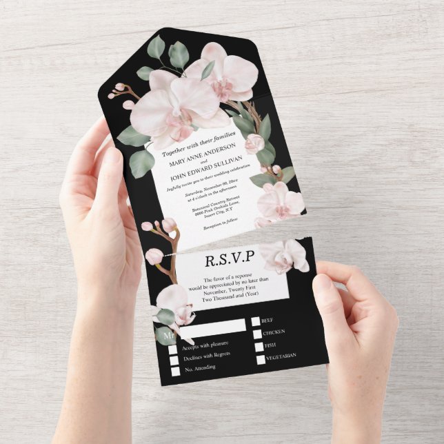 Pink green jungle orchid greenery tropical wedding all in one invitation (Tearaway)