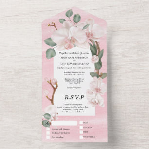 Pink green jungle orchid watercolor wedding all in one invitation