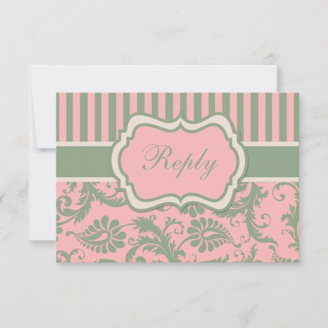 Pink, Green, Khaki Striped Damask Reply Card (Front)