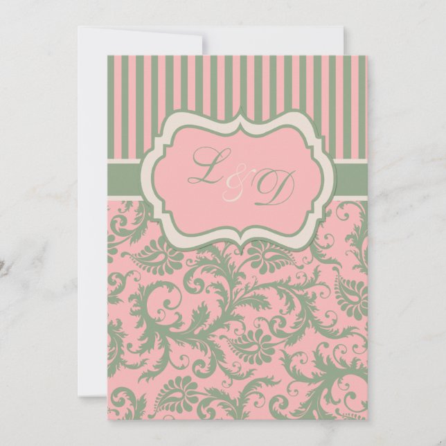 Pink, Green, Khaki Striped Damask Wedding Invite (Front)