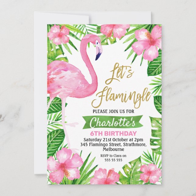 Pink Green Let's Flamingle Birthday Invitation (Front)