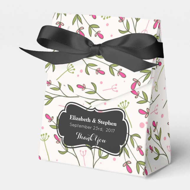 Pink & Green Long Stem Wildflower Wedding Thanks Favor Box (Front Side)