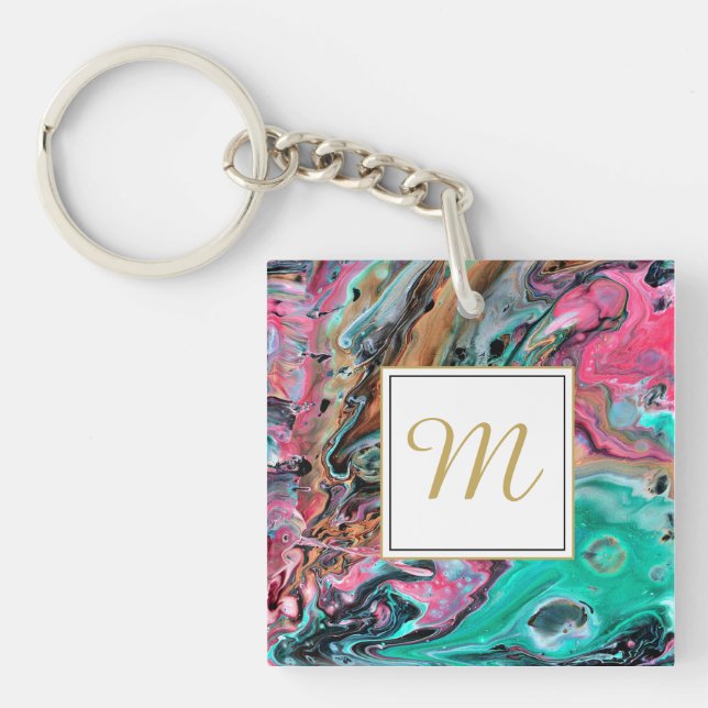Pink & Green marble  monogram Keychain (Front)