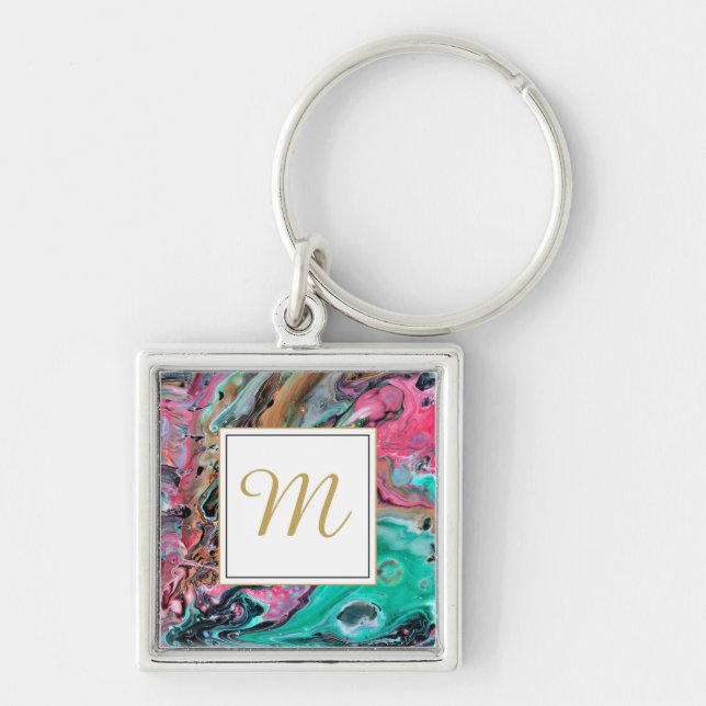 Pink & Green marble  monogram Keychain (Front)