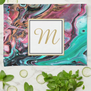 Pink & Green marble monogram Kitchen Towel