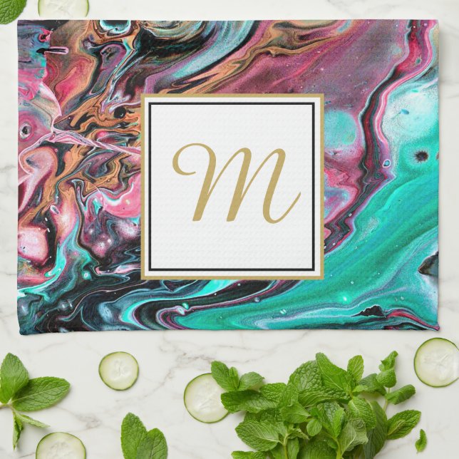 Pink & Green marble monogram Kitchen Towel (Folded)