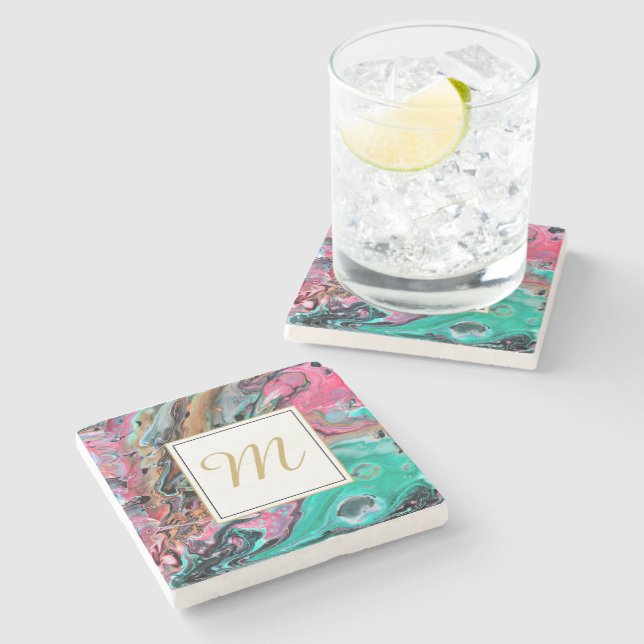 Pink & Green marble  monogram Stone Coaster (Side)