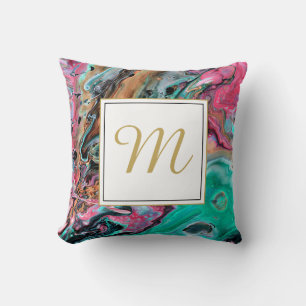Pink & Green marble monogram Throw Pillow