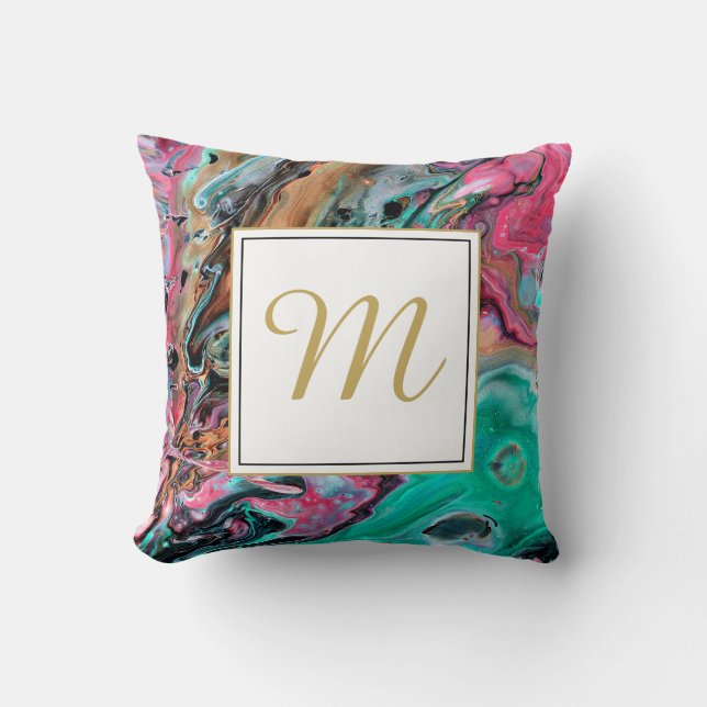 Pink & Green marble  monogram Throw Pillow (Front)