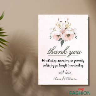 Pink & Green Minimalist Floral Watercolor Wedding  Thank You Card