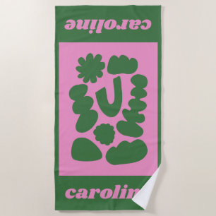 Pink Green Modern Abstract Geometric Personalized Beach Towel
