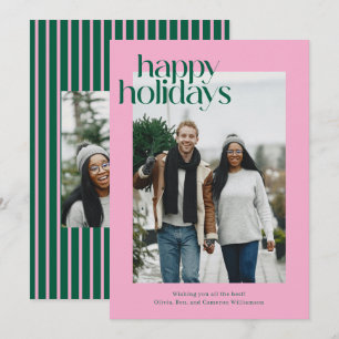 Pink Green Modern Stripe Photo Cute Fun Christmas Holiday Card