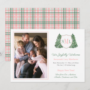 Pink Green Monogram Happy New Year Baby Girl Photo Announcement