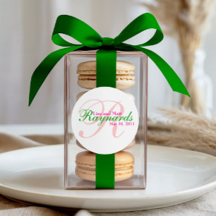 Pink Green Monogram Wedding Classic Round Sticker