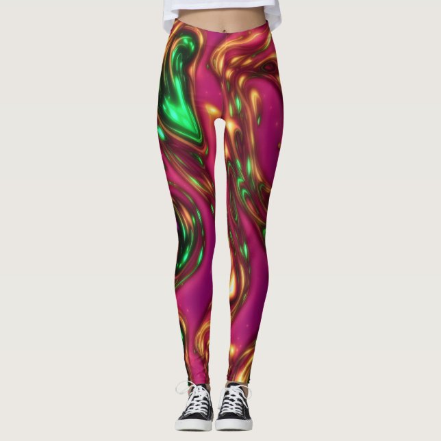 Pink & Green Neon Liquid Art Leggings Abstraits (Devant)
