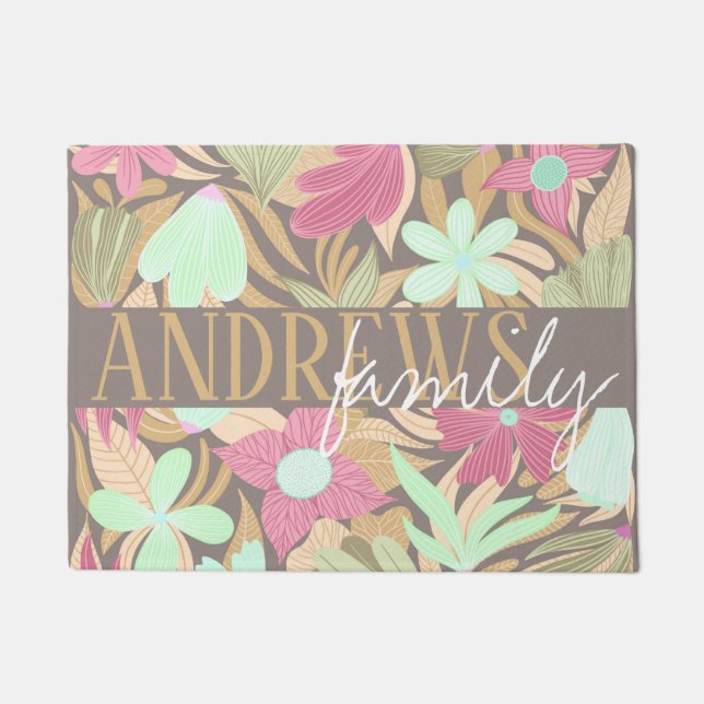 Pink Green Olive Floral Illustration Monogram Doormat (Front)