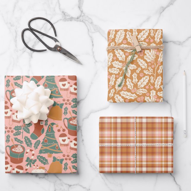 Pink, Green & Orange Holiday Wrapping Paper Sheet (Front)