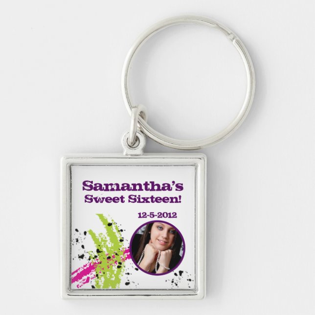 Pink Green Paint Splash Ink Splotch Drop Key Chain (Front)