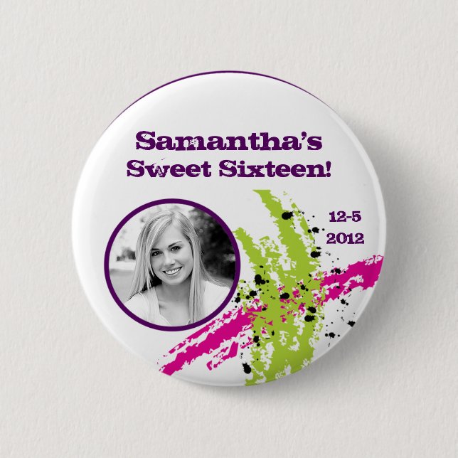 Pink Green Paint Splash Ink Splotch Photo Button (Front)