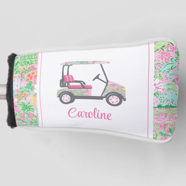Pink & Green Palm Beach Golf Cart Personalized Golf Head Cover (Front)