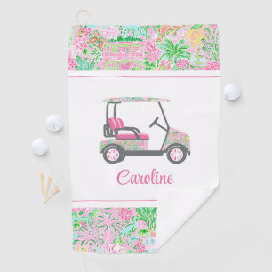 Pink & Green Palm Beach Golf Cart Personalized Golf Towel