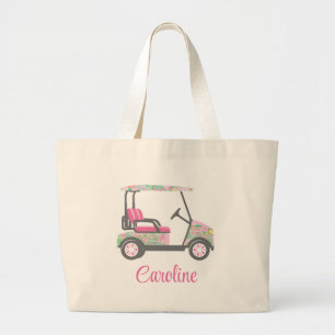 Pink & Green Palm Beach Golf Cart Personalized Large Tote Bag