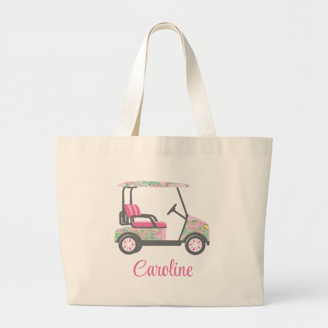 Pink & Green Palm Beach Golf Cart Personalized Large Tote Bag (Front)